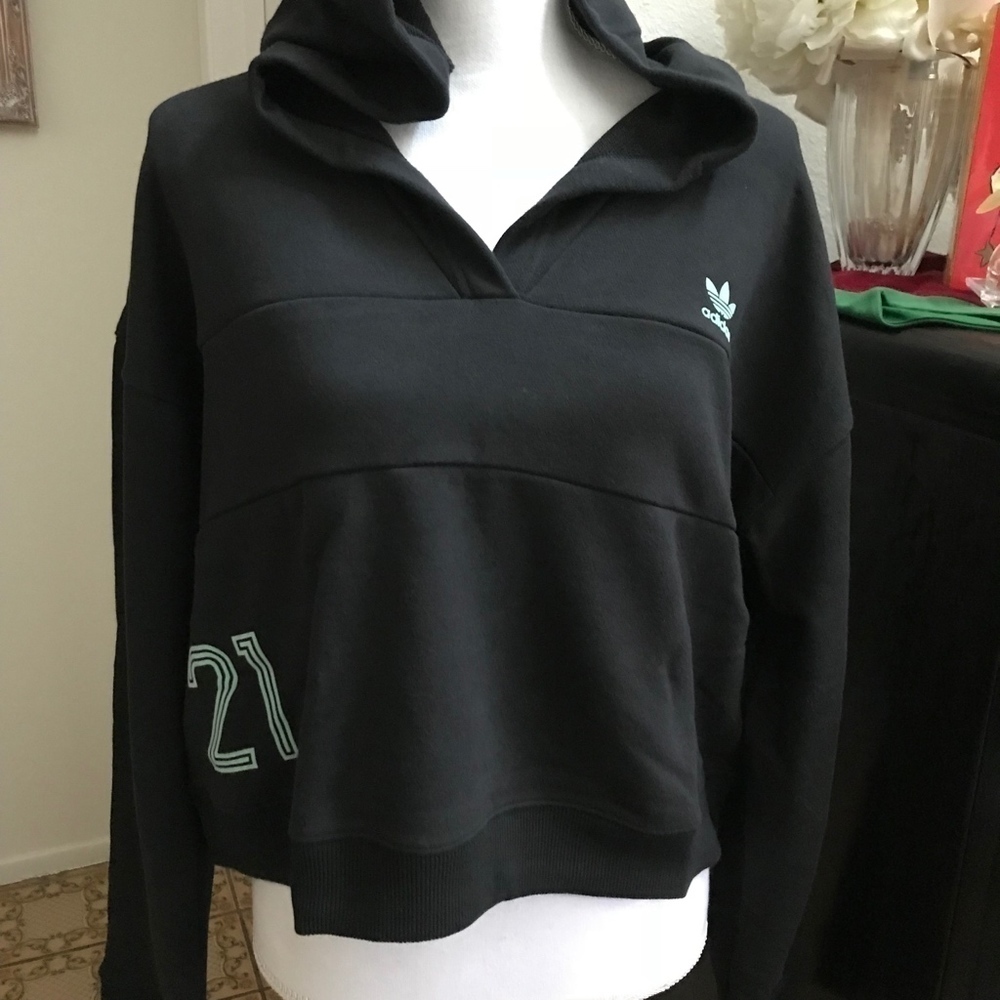 ADIDAS V-Neck Womens Crop Hoodie Terry Knit Sz M - Picture 4 of 7